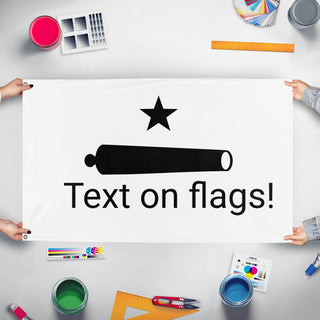 A mockup of the custom flag 'dzqd flag' held up on a table during print checking