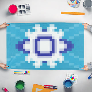 A mockup of the custom flag 'Aperion flag' held up on a table during print checking