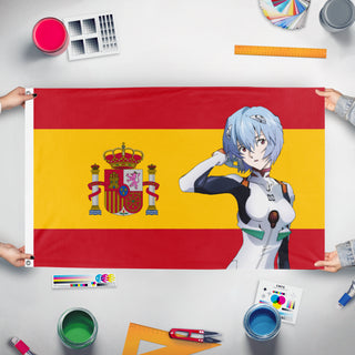 A mockup of the custom flag 'rei/spain flag' held up on a table during print checking