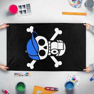 A mockup of the custom flag 'Peepee flag' held up on a table during print checking