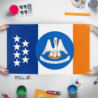 A mockup of the custom flag 'La Lousiane flag' held up on a table during print checking
