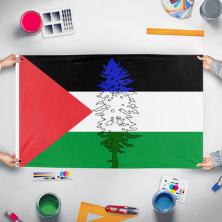 A mockup of the custom flag 'Cascadia for Palestine/Palestinian Cascadian flag' held up on a table during print checking