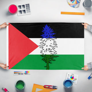 A mockup of the custom flag 'Cascadia for Palestine/Palestinian Cascadian flag' held up on a table during print checking