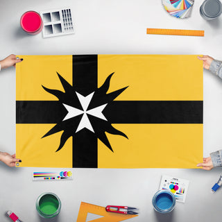 A mockup of the custom flag 'Fraternitas Veritas flag' held up on a table during print checking