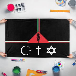 A mockup of the custom flag 'Cascadia for One State Solution Palestine flag' held up on a table during print checking