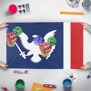 A mockup of the custom flag 'T flag' held up on a table during print checking