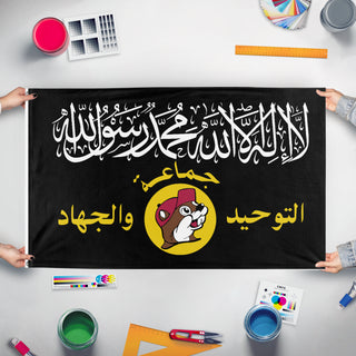 A mockup of the custom flag 'Al-Buccee flag' held up on a table during print checking