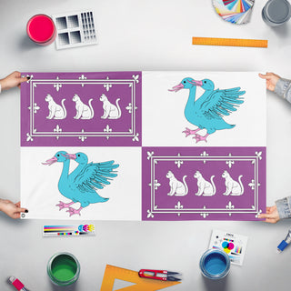 A mockup of the custom flag 'WOMGOAT flag' held up on a table during print checking