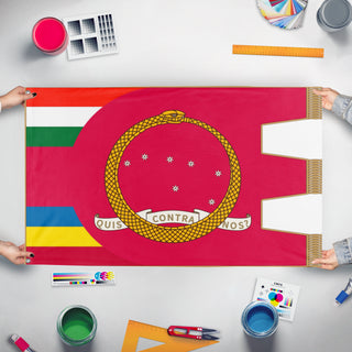 A mockup of the custom flag 'Carnarist Fiume flag' held up on a table during print checking