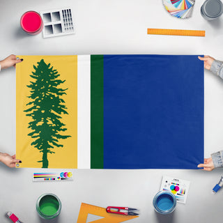 A mockup of the custom flag 'Cascadia Redesign Flag' held up on a table during print checking