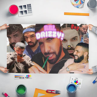 A mockup of the custom flag 'BBL DRIZZY flag' held up on a table during print checking