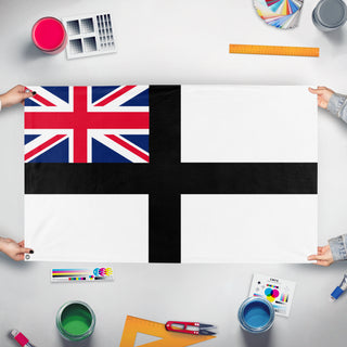 A mockup of the custom flag 'Commonwealth of Zanima flag' held up on a table during print checking