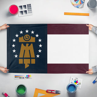 A mockup of the custom flag 'Pax Americana flag' held up on a table during print checking