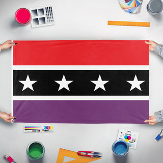 A mockup of the custom flag 'Samora flag' held up on a table during print checking