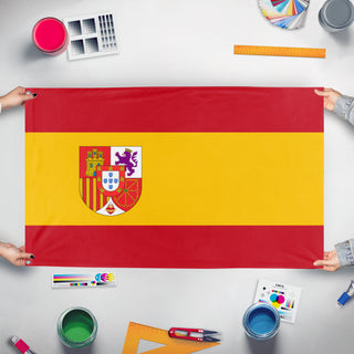 A mockup of the custom flag 'New Requete flag' held up on a table during print checking