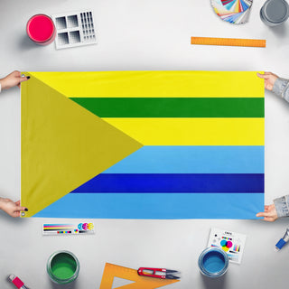 A mockup of the custom flag 'Bonuthen flag' held up on a table during print checking