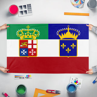 A mockup of the custom flag 'italian-french empire flag' held up on a table during print checking