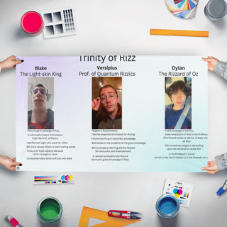 A mockup of the custom flag 'Trinity of Rizz flag' held up on a table during print checking