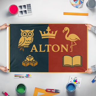 A mockup of the custom flag '33 flag' held up on a table during print checking