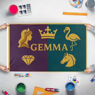A mockup of the custom flag 'gem flag' held up on a table during print checking