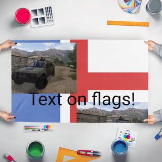 A mockup of the custom flag 'T flag' held up on a table during print checking