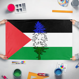 A mockup of the custom flag 'Cascadia for Palestine' held up on a table during print checking