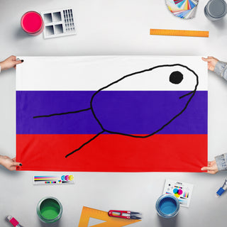 A mockup of the custom flag 'Fishing Club flag' held up on a table during print checking