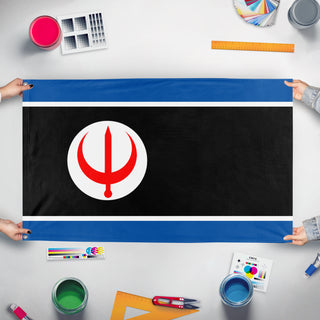 A mockup of the custom flag 'Jasonia flag' held up on a table during print checking