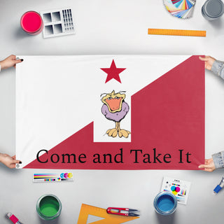 A mockup of the custom flag '5 South Jack flag' held up on a table during print checking