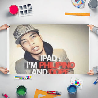 A mockup of the custom flag 'ipad flag' held up on a table during print checking