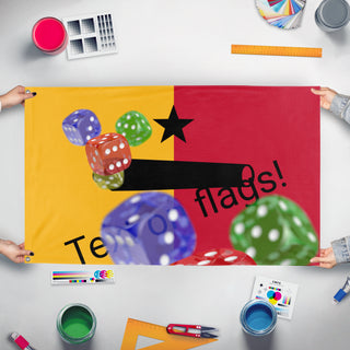 A mockup of the custom flag 'T flag' held up on a table during print checking