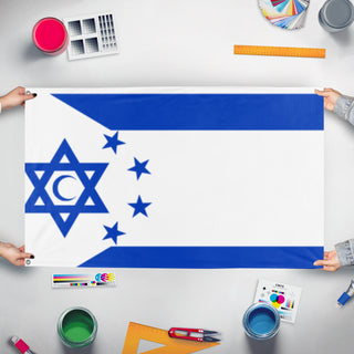A mockup of the custom flag 'Jewish Republic of Argentina  flag' held up on a table during print checking