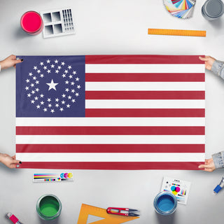 A mockup of the custom flag '52 Star U.S. Flag' held up on a table during print checking