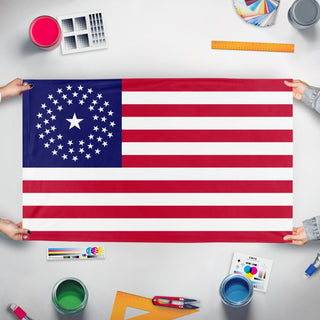 A mockup of the custom flag '52 Star U.S. Flag' held up on a table during print checking