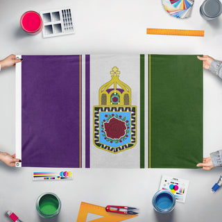 A mockup of the custom flag 'CZONIAN flag' held up on a table during print checking