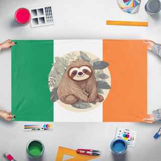 A mockup of the custom flag 'Glorytosloths flag' held up on a table during print checking