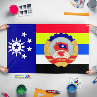 A mockup of the custom flag 'Social Democratic China  flag' held up on a table during print checking