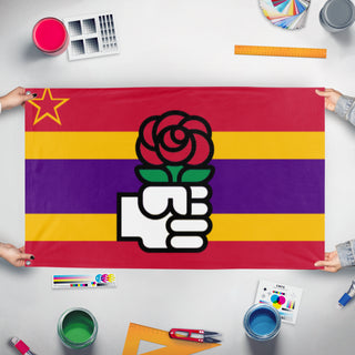 A mockup of the custom flag 'Social Democratic Spain flag' held up on a table during print checking