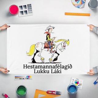 A mockup of the custom flag 'Lucky1 flag' held up on a table during print checking