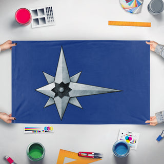 A mockup of the custom flag 'First Star League flag' held up on a table during print checking