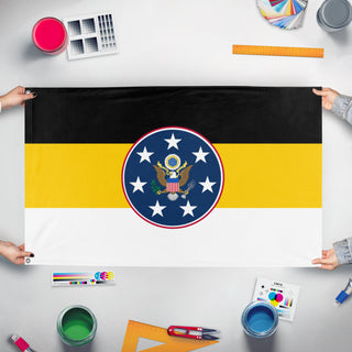 A mockup of the custom flag 'Russian American Empire flag' held up on a table during print checking