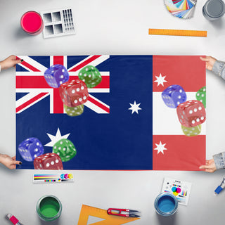 A mockup of the custom flag 'T flag' held up on a table during print checking
