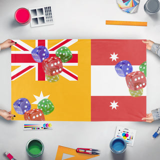 A mockup of the custom flag 'T flag' held up on a table during print checking