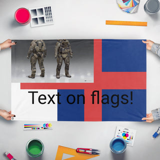 A mockup of the custom flag 'T flag' held up on a table during print checking