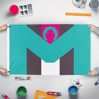 A mockup of the custom flag 'Hatsunia flag' held up on a table during print checking