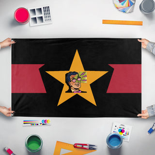 A mockup of the custom flag 'All Deprogrammed Black League flag' held up on a table during print checking