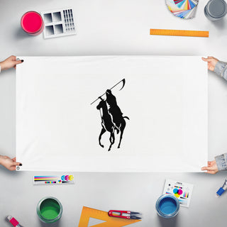 A mockup of the custom flag 'ATTAC flag' held up on a table during print checking