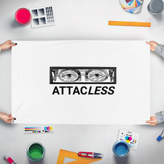 A mockup of the custom flag 'ATTAC flag' held up on a table during print checking