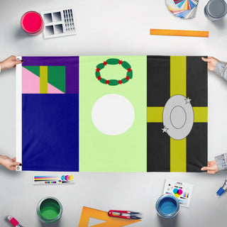 A mockup of the custom flag 'Island Of Tempest flag' held up on a table during print checking