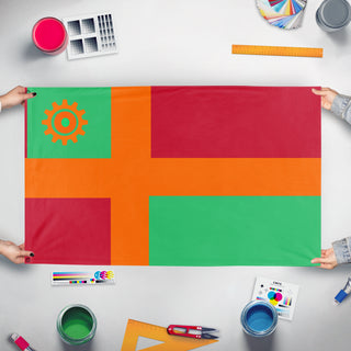 A mockup of the custom flag 'The Republic of New Rearendia flag' held up on a table during print checking